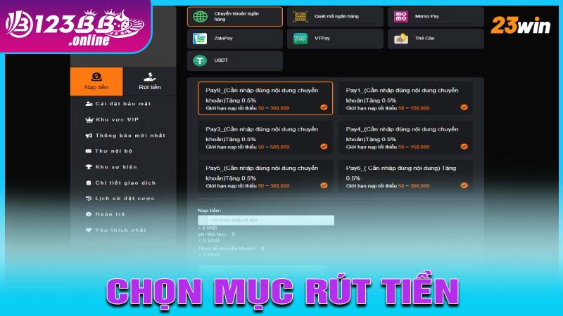 Chọn mục Rút tiền trên menu